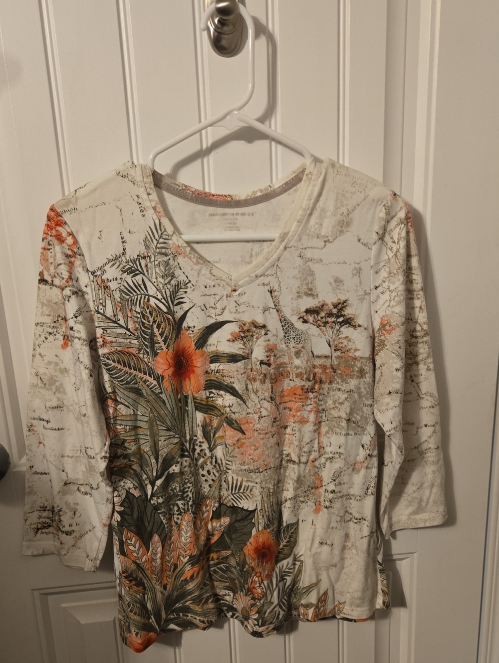 Allison Daley Cream V-Neck Long Sleeve Tee with Orange Floral Print